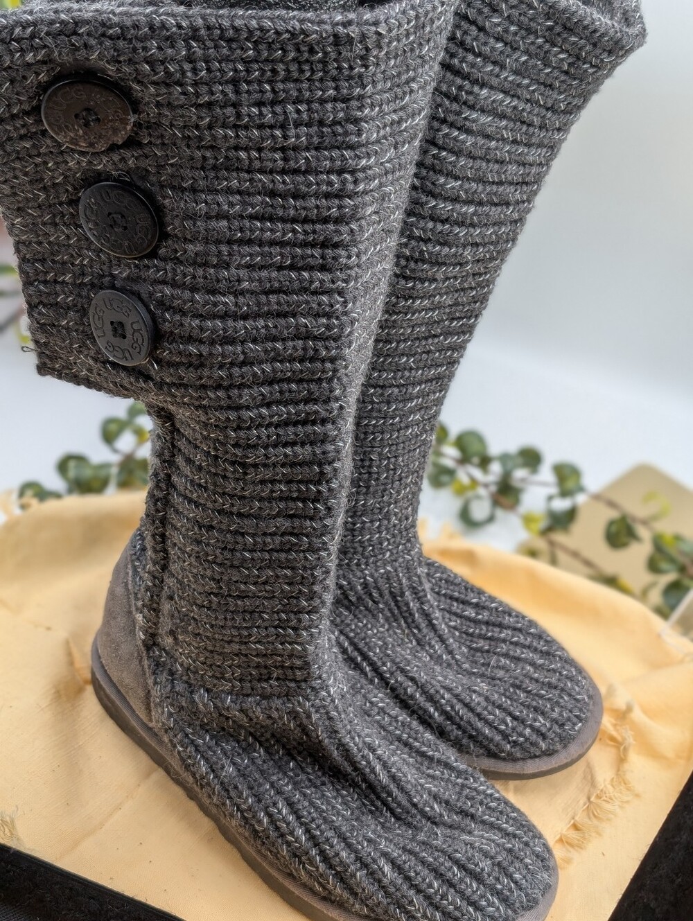 UGG Cardy Knit Boots Gray Sweater Boots Women's Size 6 Cozy Boho Winter Tall...